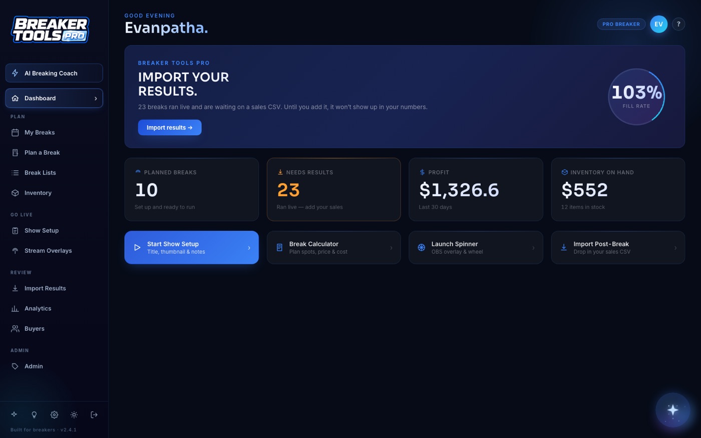 Breaker Tools Pro dashboard showing planned breaks, profit, and inventory at a glance