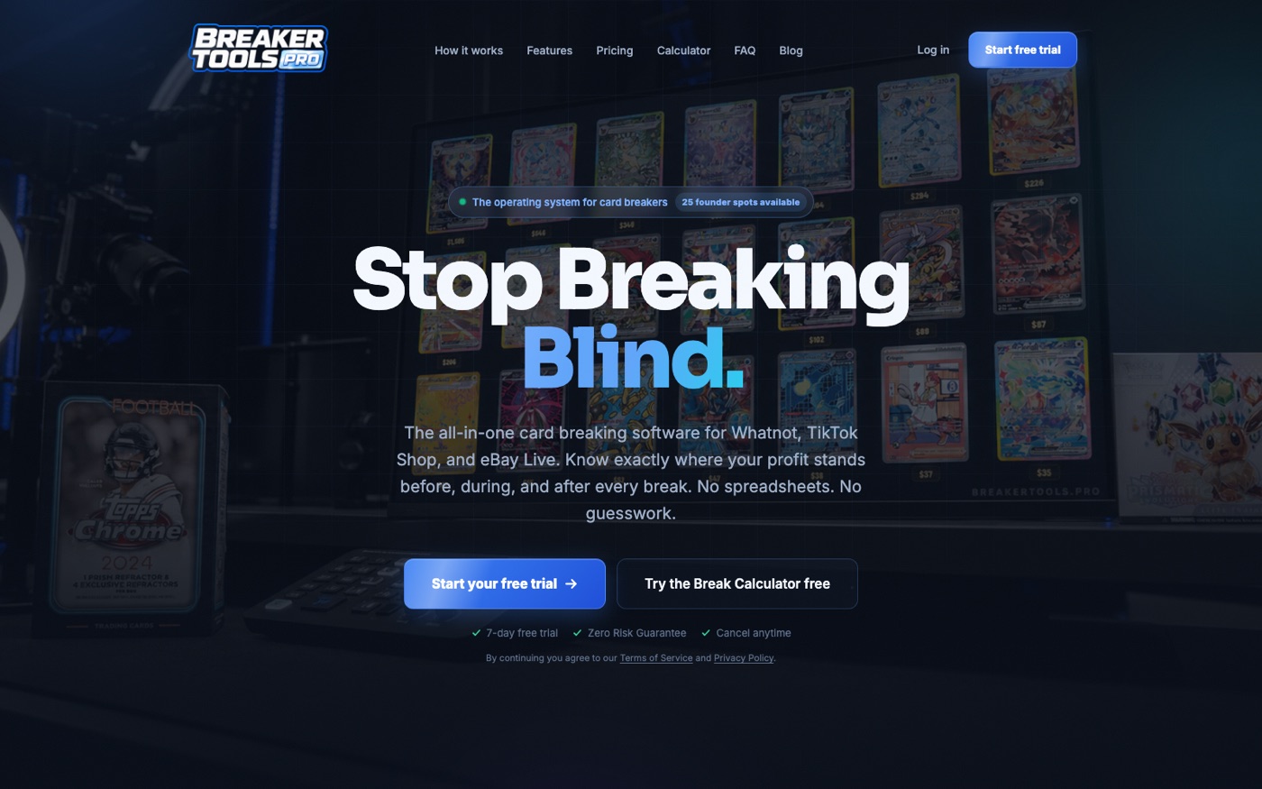 Breaker Tools Pro marketing site hero: Stop Breaking Blind, with free trial call to action