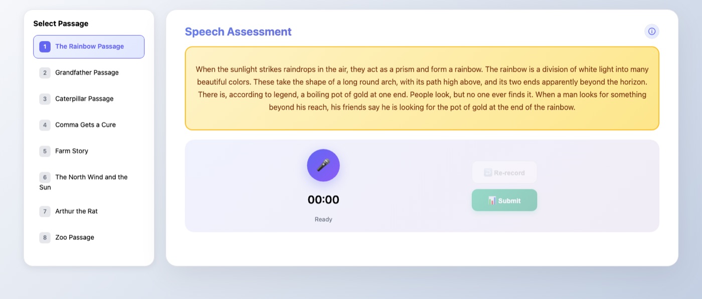 The speech assessment tool: passage list on the left, the Rainbow Passage displayed, and browser recording controls